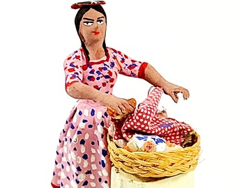 Folk Art Ethnic Woman Vendor Figurine, Peruvian Clay Pottery, Fabric Mache Or Decoupage Cloth, Vintage 1968
