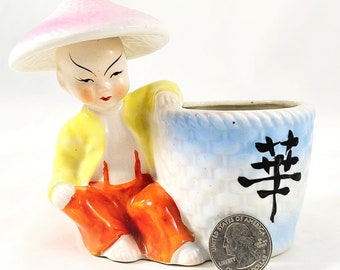 Small Asian Boy Planter, With Rice Hat and Basket Made In Japan Vintage 40s 50s