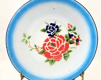 Enamel Bowl Stenciled Rose Flowers, Floral Sky Blue Rim Mid Century 30s