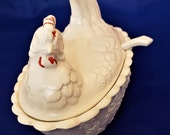White Hen on Nest with Ladle Ceramic, Mid Century Decorative Farmhouse Nesting Hen for Open Shelf
