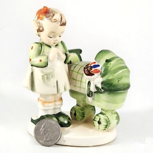 Little Girl Praying With Doll Carriage Vintage 50s 60s Japan