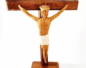 Standing Wood Crucifix, Hand Carved Folk Art Jesus Vintage