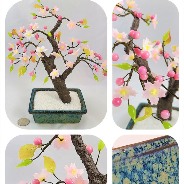 Japan Glass Flower Tree Cherry Blossom Bonsai Otagiri OMC Japanese 50's to 60's,  Mid Century Vintage Pink Flower Tree Glazed Rectangle Pot