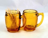 Amber Glass Barrel Toothpick Holders or Shot Glasses Mid Century, Beer Keg Whiskey Barrel Barware Decor