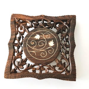 Small Hand Carved Wood Trivet with Brass Inlay: Floral Scroll Design, Made In India