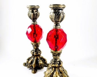 Hollywood Regency Candlesticks Red Lucite and Ornate Gold Cast Metal Mid Century 60s