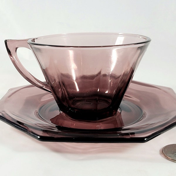 Amethyst Tea Cup Saucer Moroccan, Purple Glass Hazel Atlas Vintage Mid Century 40's to 60's