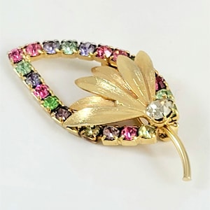 Rhinestone Leaf Brooch, Multi Colored - Brushed Gold Tone 60s