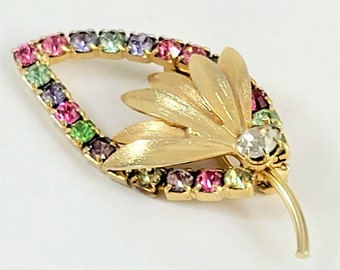 Rhinestone Leaf Brooch, Multi Colored - Brushed Gold Tone 60s