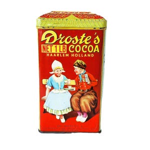 40s Droste&#39;s Cocoa Tin From Haarlem, Holland With Embossed Lid, Vibrant Litho Design - Vintage