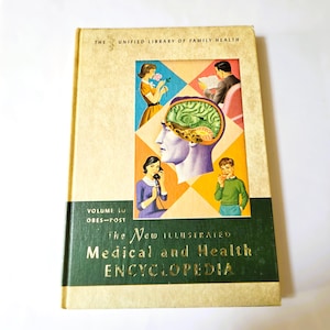 May include: Vintage medical encyclopedia book with a green spine and a cream-colored cover. The cover features illustrations of people and a brain. The title reads "The New Illustrated Medical and Health Encyclopedia."