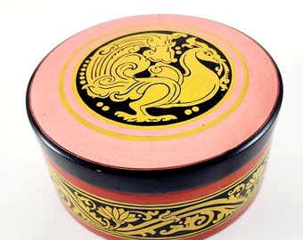 Laquerware Wood Round Jewelry Trinket Box With Phoenix Bird Handicrafts Week India Mid Century 60s