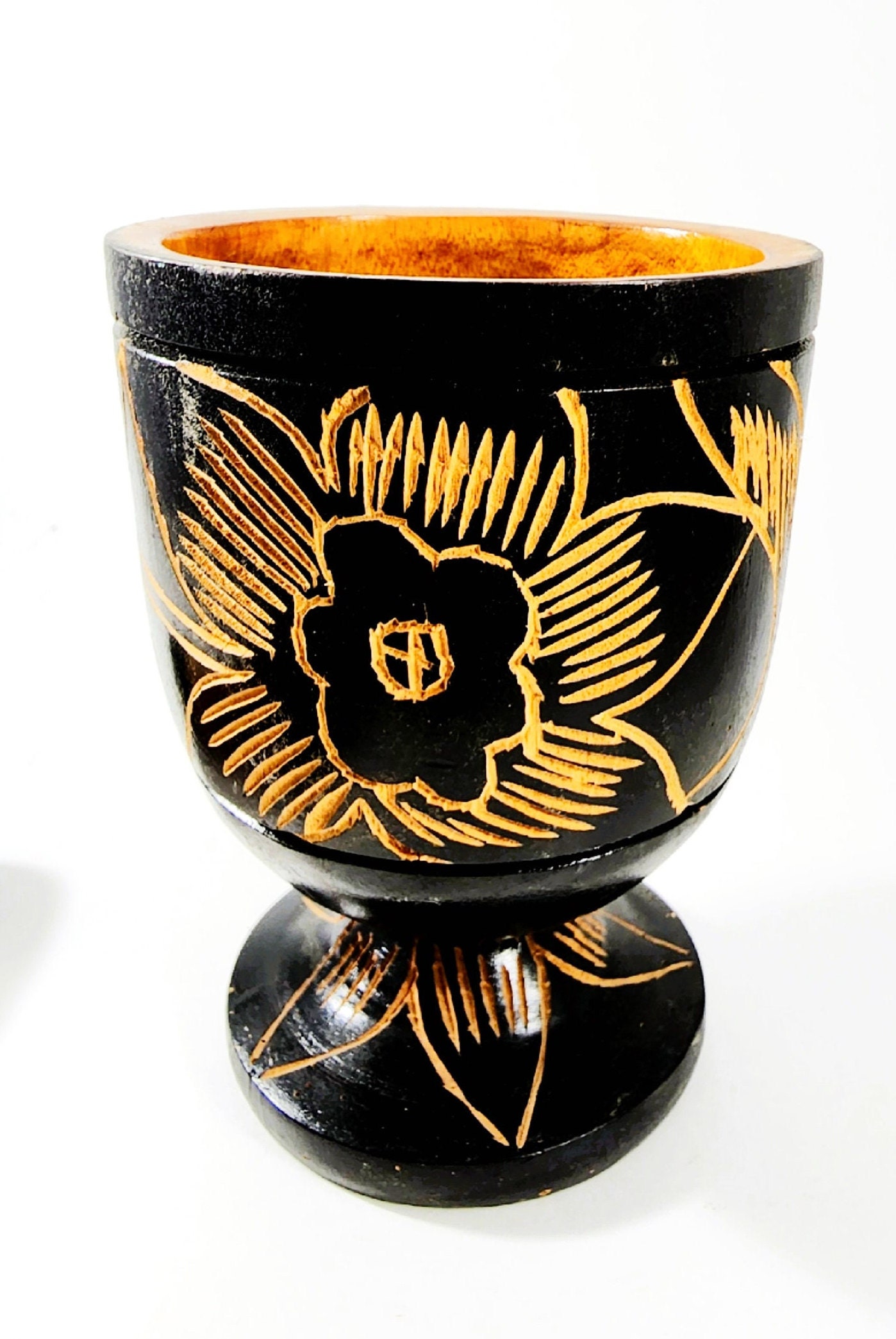 Wood Mortar & Pestle Black Floral Etched Footed 80s - Etsy