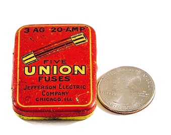 Small Union Fuses Tin With 6 Glass Car RACO 25 AMP Fuses Made From Jefferson Electric Co in the 30s to 50s