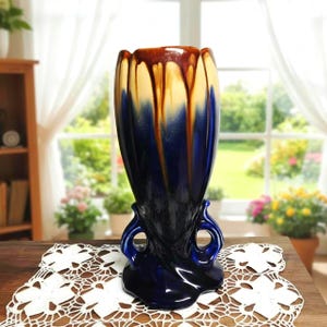 Belgian Art Deco Vase: Blue Brown Drip Glaze Ceramic Pedestal (Model 1943)