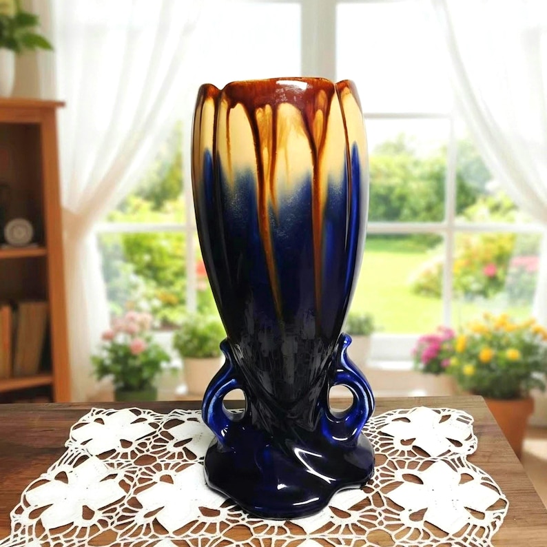 Belgian Art Deco Vase: Blue Brown Drip Glaze Ceramic Pedestal (Model 1943) imagem 1