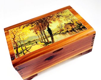 Cedar Wood Jewelry Hinged Box or Dresser Catch All With Autumn Scene Vintage 50s