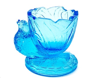 Blue Glass Bird Toothpick Holder Marked EL Vintage