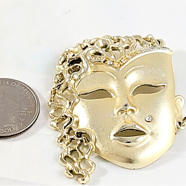 Lady Mask Face Brooch Rhinestones Gold Tone Mardis Gras Jewelry Vintage 80s 90s