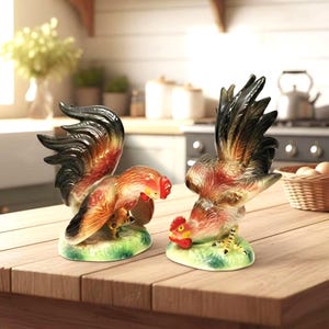 May include: Two ceramic rooster figurines. The roosters have red combs and wattles, with orange, brown, and black plumage. They are perched on green bases with yellow accents, and are displayed on a wooden surface.