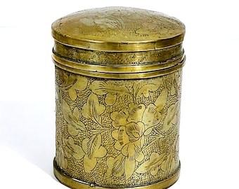 Chinese Brass Tobacco Opium Box Floral Ornate Etched With Oriental Poppy Design Antique  Made In China 20s to 40s