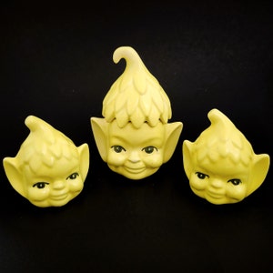 Vintage Pixie Elf Head Salt Pepper Shakers and Sugar Bowl - Yellow Glaze