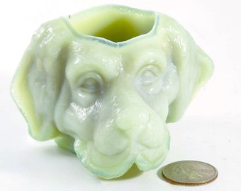 Green Slag St Bernard Dog's Head Toothpick Holder, Greentown Replica, Newfoundland, St Clair Toothpick Holder 60s 70s