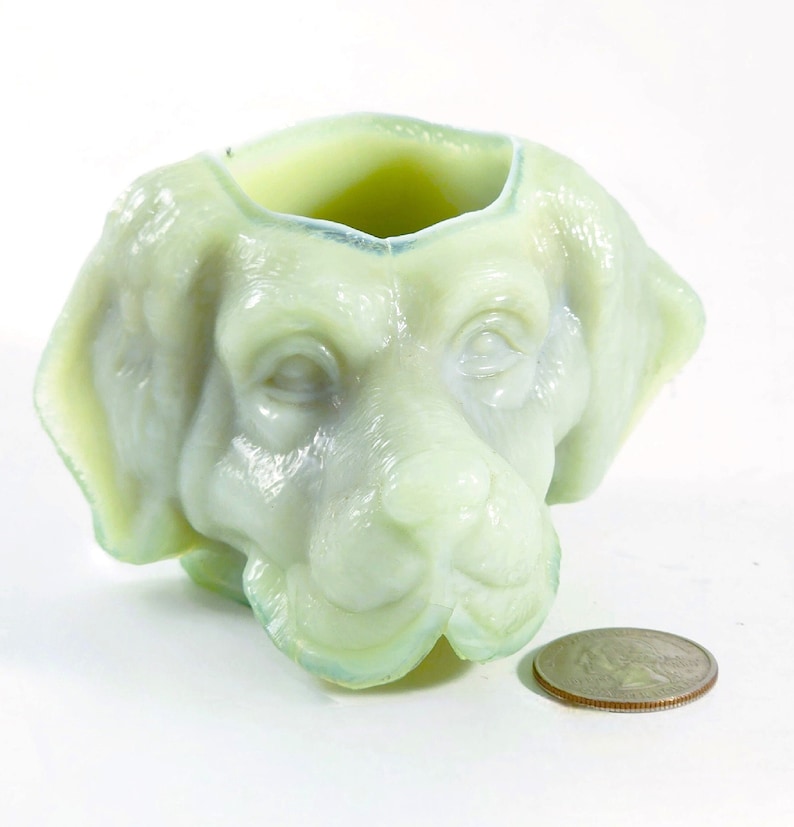 Green Slag St Bernard Dog's Head Toothpick Holder, Greentown Replica, Newfoundland, St Clair Toothpick Holder 60s 70s image 1