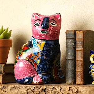 Mexican Folk Art Red Clay Cat Figurine ,  Vintage Hand Painted Colorful Animal Pottery