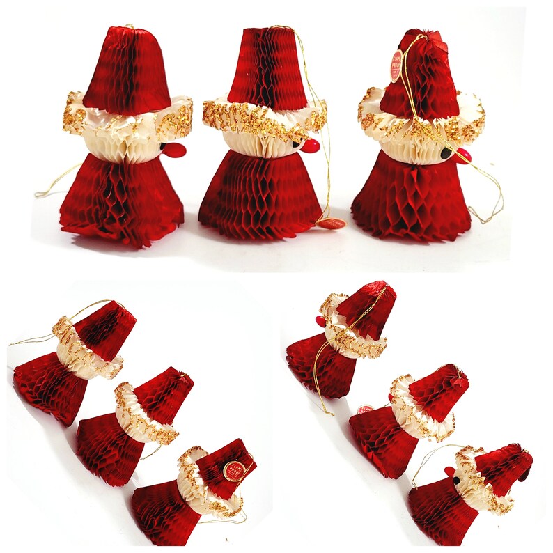 6 Honeycomb Paper Ornaments, Snowman & Santa, Vintage 40s 50s, Japan image 3