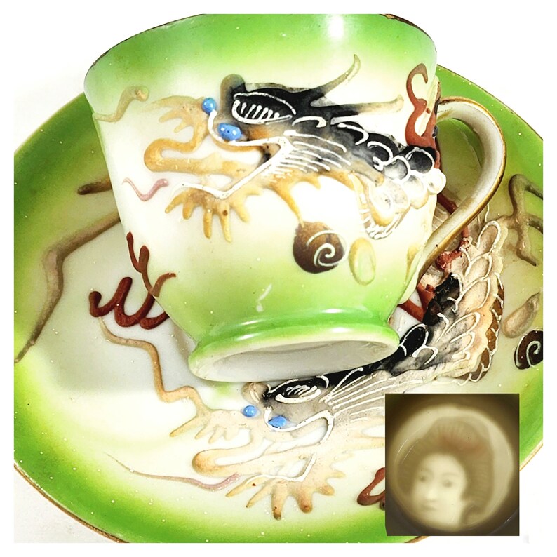 Japanese Dragonware Tea Cup Saucer Set Geisha Lithophane Etsy