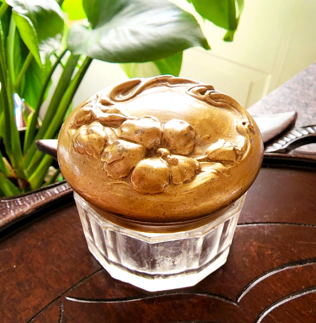 Art Nouveau Antique Dresser Vanity Jar, Panelled Glass With Gold Tone