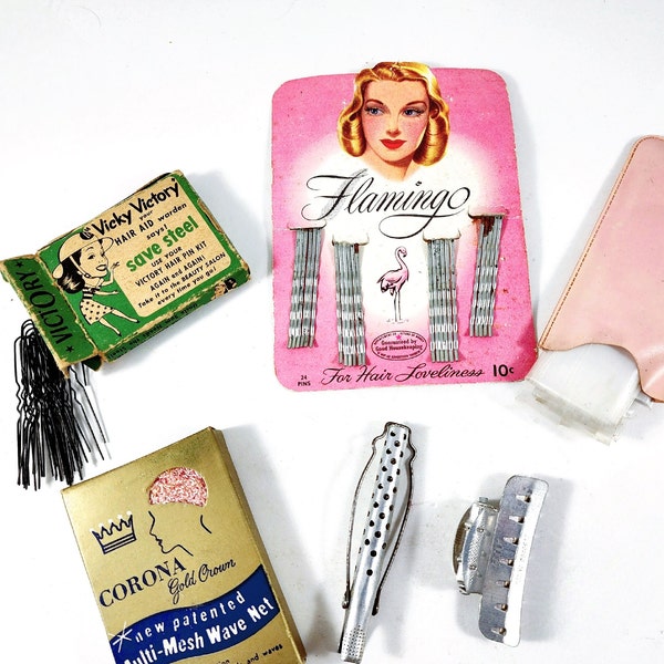 Junk Drawer Lot Of Beauty Supplies, Hair Pins, Bobby Pins, Mesh Hair Net, Clips, Mid Century 50s