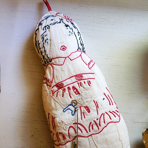 Antique Muslin Embroidered Doll Little Girl Pincushion 30s to 40s