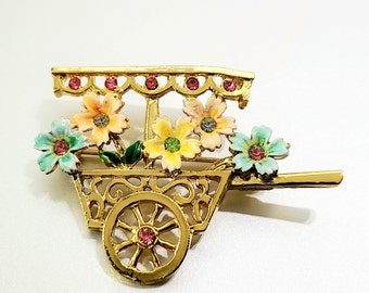 Vintage Flower Cart Brooch With Enamel & Rhinestones, Gold Tone,  Signed BJ  Mid Century 60s