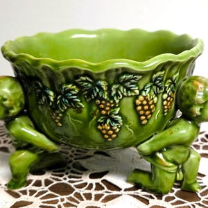 Vintage Lefton Green Cherub Planter, Mid Century Ceramic Putti Footed Bowl H4945 image 2