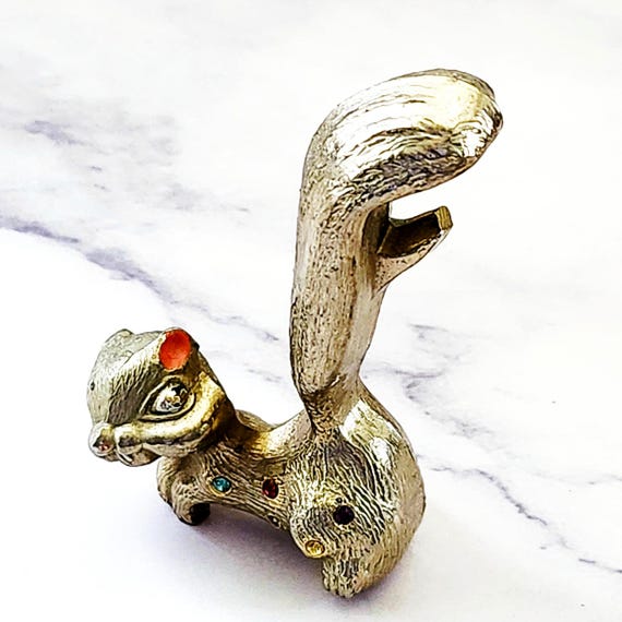 Quirky Squirrel Bottle Opener:  Gold Tone Metal with Rhinestones Vintage 60s 70s