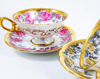 Nippon Yoko Boeki Tea Cup Saucer Footed Lusterware Choose From Pink Or Yellow Rose Vintage 40s