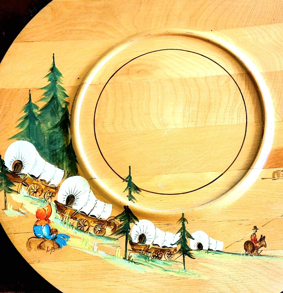 Vintage Large Wood Lazy Susan, 20 Inch Diameter, With Hand Painted