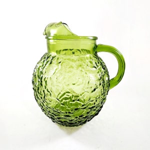 Ball Pitcher Avocado Green With Ice Lip In a Textured Crinkle Lido Milanano Pattern Made By Anchor Hocking Mid Century 60s