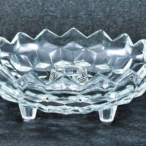 Stacked Cube Glass Flower Bowl - Candlestick Taper Holder, Whitehall Clear Footed by Colony or Indiana Glass Vintage 60s