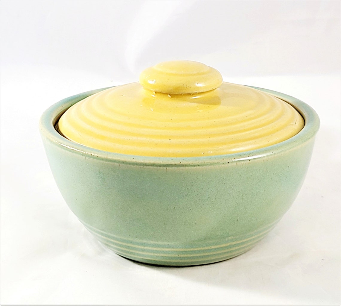 USA Pottery Lidded Soup Bowl With Handle Green With Yellow Lid Etsy