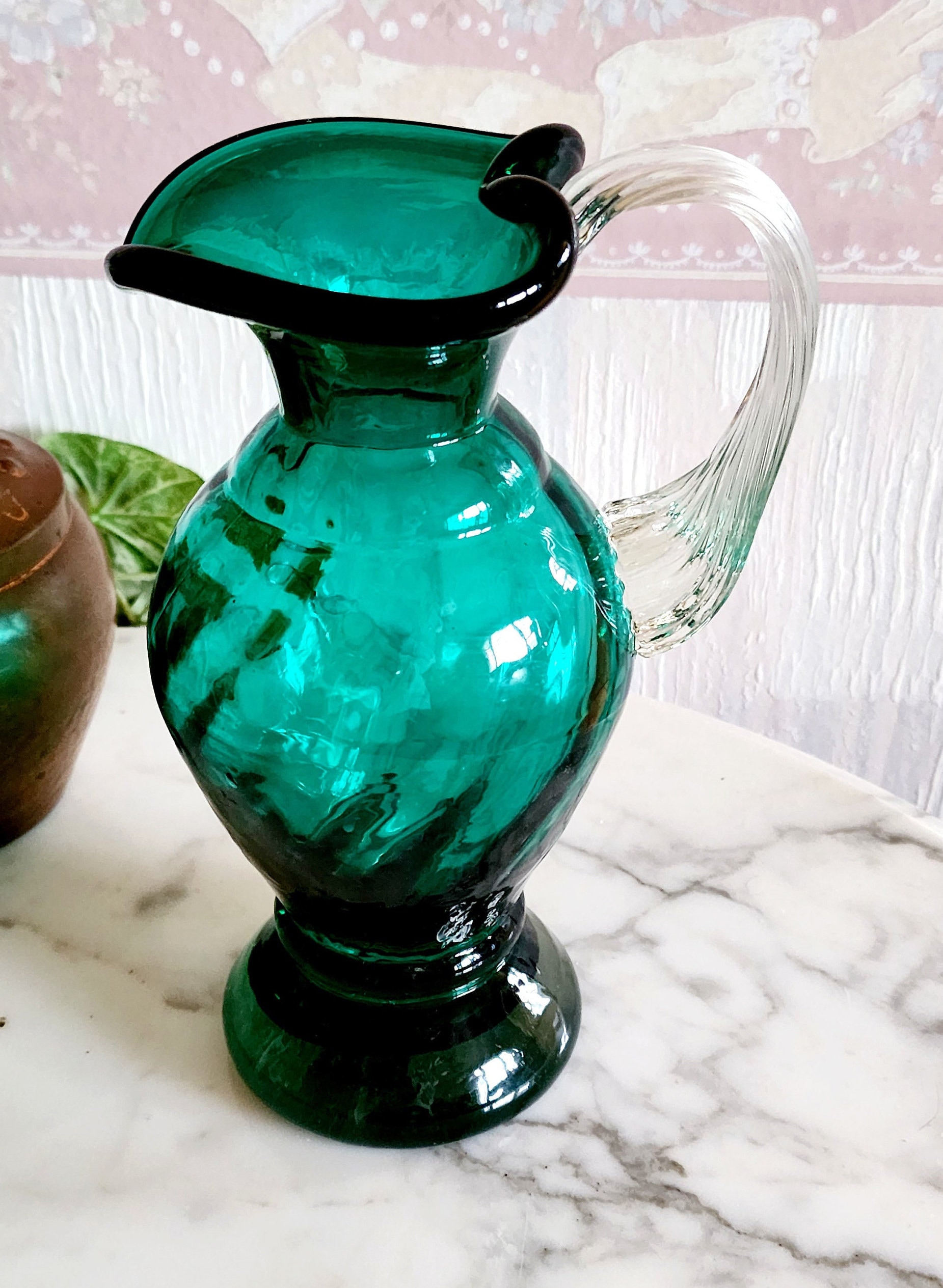 Vintage Green Glass Pitcher Small Spout Handle