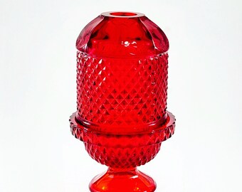 Viking Glass Ruby Red Fairy Lamp Candle Holder With Diamond Point Motif Vintage 60s 70s