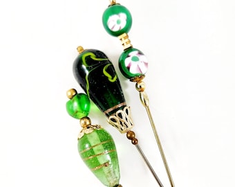 Green Glass Bead Hat Pins Set of 3, Green Glass Bead Hat Pins, Vintage 80s 90s