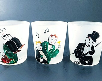 Quirky Frosted Cocktail Low Ball Glass, Drunk Men In Top Hat And Suits, Set Of 3, Federal Glass Mid Century 50s 60s