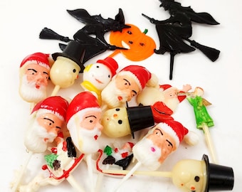 Retro Holiday Cake Toppers Or Cupcake Decorations, Santa, Snowmen, Witches, Pumpkin Vintage 70s