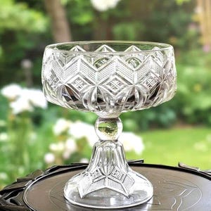 May include: A clear, cut-glass bowl with a wide, geometric pattern. The bowl sits atop a short, decorative stem and a flared base. The bowl is likely used for serving desserts or displaying decorative items.