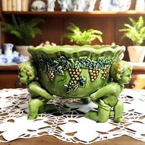 Vintage Lefton Green Cherub Planter, Mid Century Ceramic Putti Footed Bowl H4945