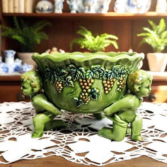 Vintage Lefton Green Cherub Planter, Mid Century Ceramic Putti Footed Bowl H4945